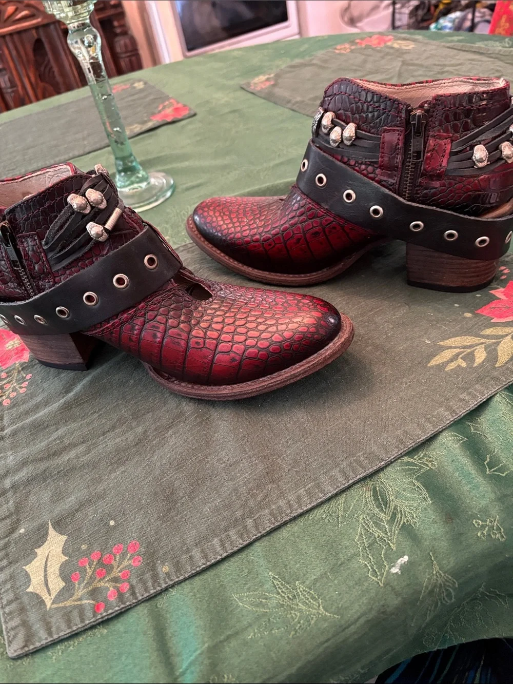 Freebird by Steven saloon red leather croc westen ankle Boots with Studded Strap